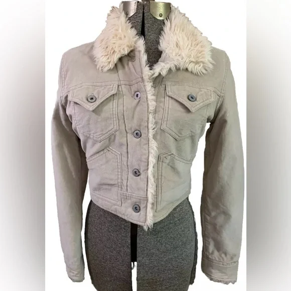 Trucker Jacket Medium Tan Cropped Faux Fur Cotton Outer Retro Penny Lane - Picture 2 of 11